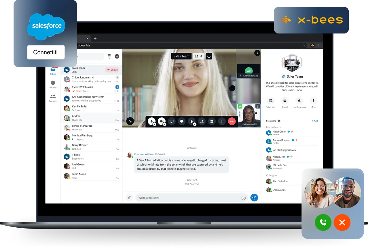 Interfaccia x-bees con videochiamata di team, chat e integrazione Salesforce
